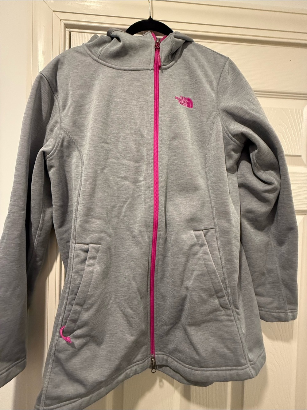 The North Face Women's Light Gray Hooded Zip Jacket with Pink Trim
